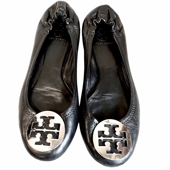 Tory Burch Black Leather Reva Flats Sz 9 - Picture 1 of 8